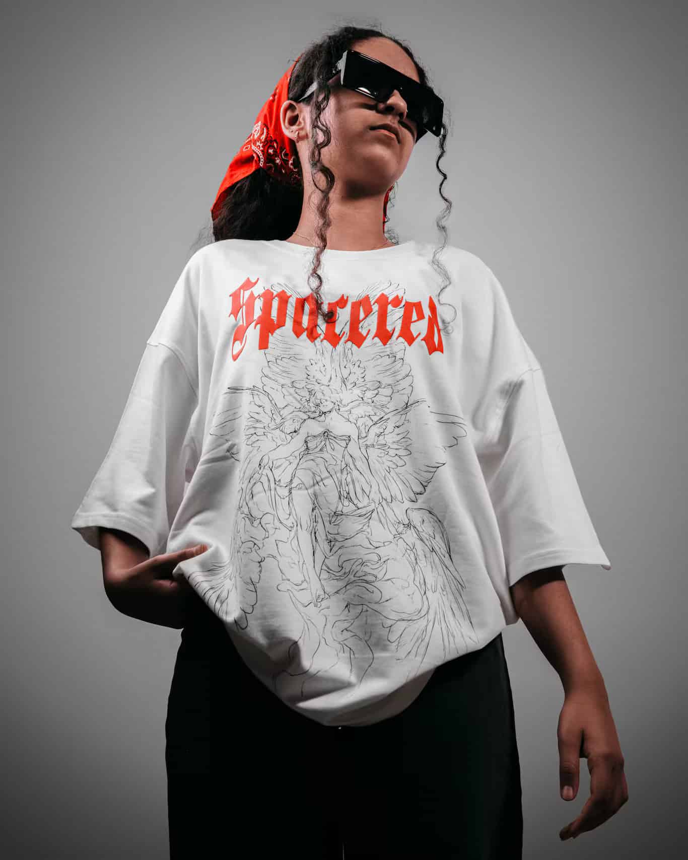 Woman wearing the Spacered Orion t-shirt